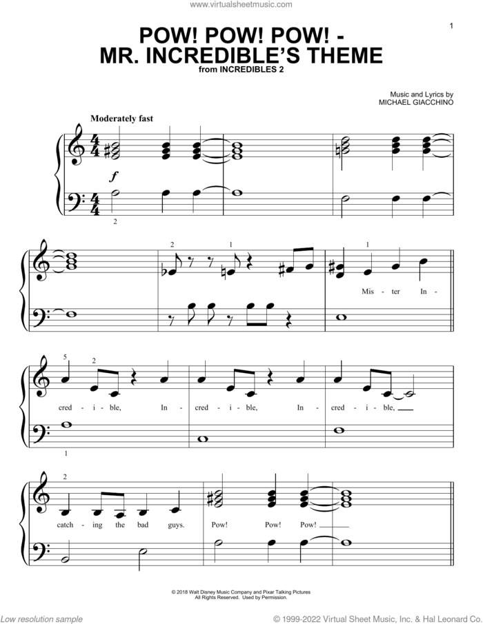 Pow! Pow! Pow! - Mr. Incredibles Theme (from Incredibles 2) sheet music for piano solo (big note book) by Michael Giacchino, easy piano (big note book)