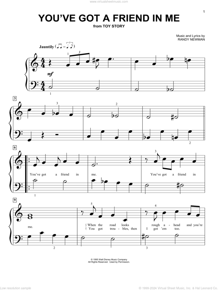 You've Got A Friend In Me (from Toy Story) sheet music for piano solo (big note book) by Randy Newman, easy piano (big note book)