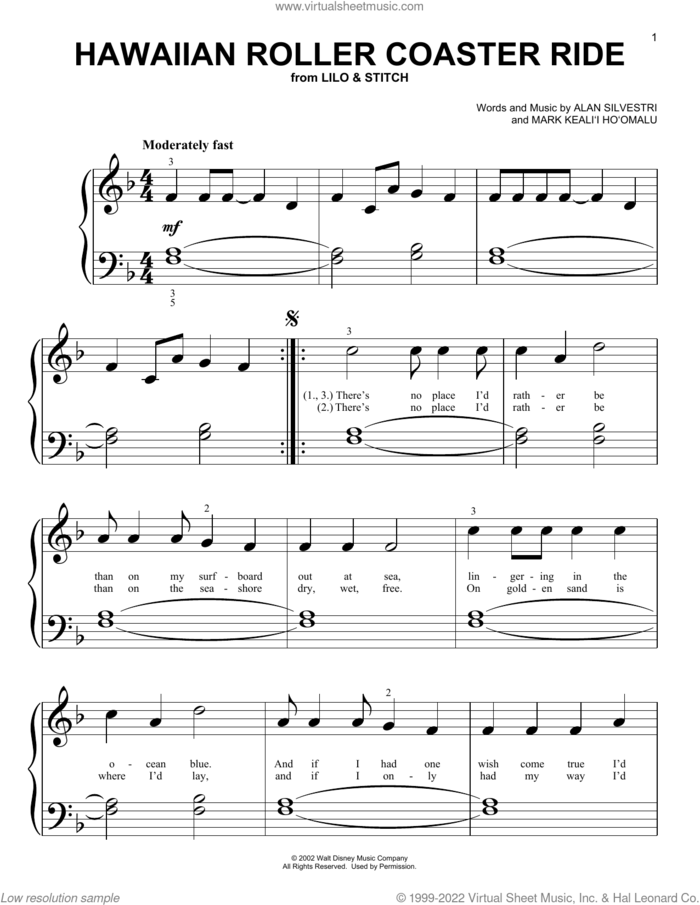 Hawaiian Roller Coaster Ride (from Lilo and Stitch) sheet music for piano solo (big note book) by Alan Silvestri, easy piano (big note book)
