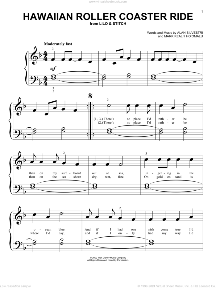 Hawaiian Roller Coaster Ride (from Lilo and Stitch) sheet music for piano solo (big note book) by Alan Silvestri, easy piano (big note book)