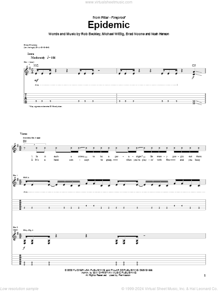 Epidemic sheet music for guitar (tablature) by Pillar, Brad Noone, Michael Wittig and Rob Beckley, intermediate skill level