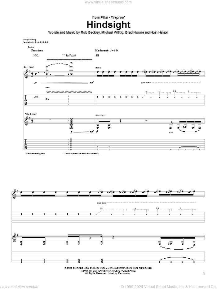Hindsight sheet music for guitar (tablature) by Pillar, Brad Noone, Michael Wittig and Rob Beckley, intermediate skill level
