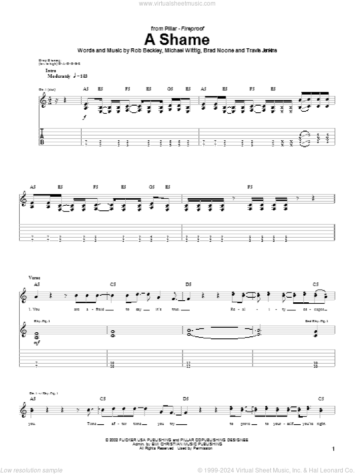 A Shame sheet music for guitar (tablature) by Pillar, Brad Noone, Michael Wittig and Rob Beckley, intermediate skill level