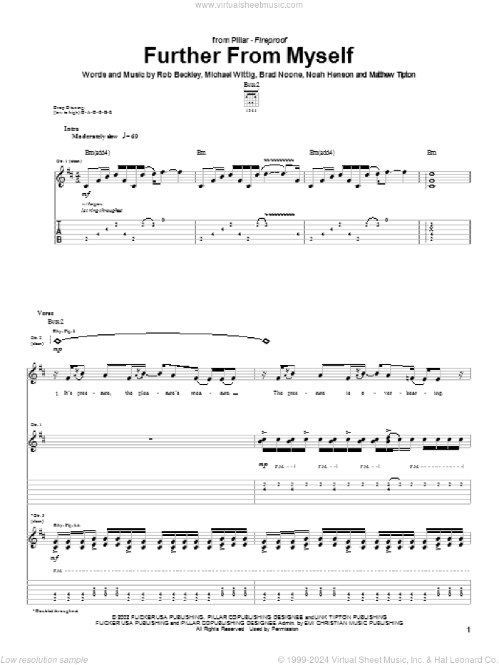 Further From Myself sheet music for guitar (tablature) by Pillar, Brad Noone, Michael Wittig and Rob Beckley, intermediate skill level