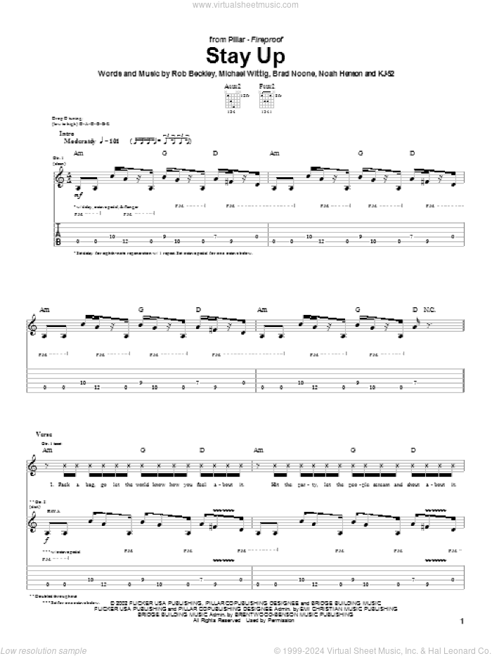 Stay Up sheet music for guitar (tablature) by Pillar, Brad Noone, Michael Wittig and Rob Beckley, intermediate skill level