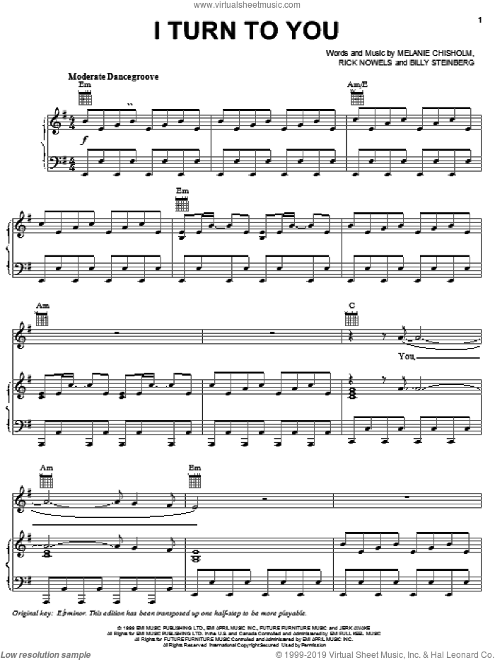 I Turn To You sheet music for voice, piano or guitar by Melanie Chisholm, Billy Steinberg and Rick Nowels, intermediate skill level