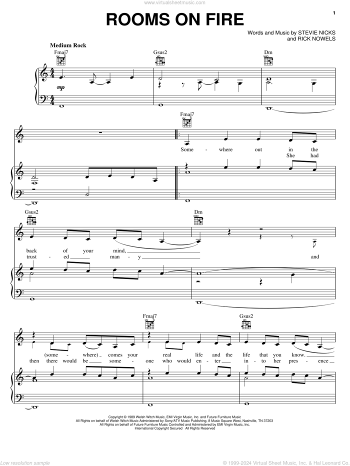 Rooms On Fire sheet music for voice, piano or guitar by Stevie Nicks and Rick Nowels, intermediate skill level