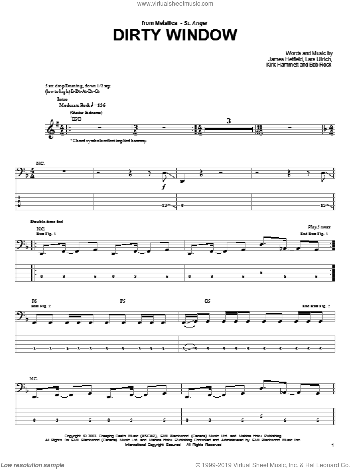 Dirty Window sheet music for bass (tablature) (bass guitar) by Metallica, James Hetfield, Kirk Hammett and Lars Ulrich, intermediate skill level