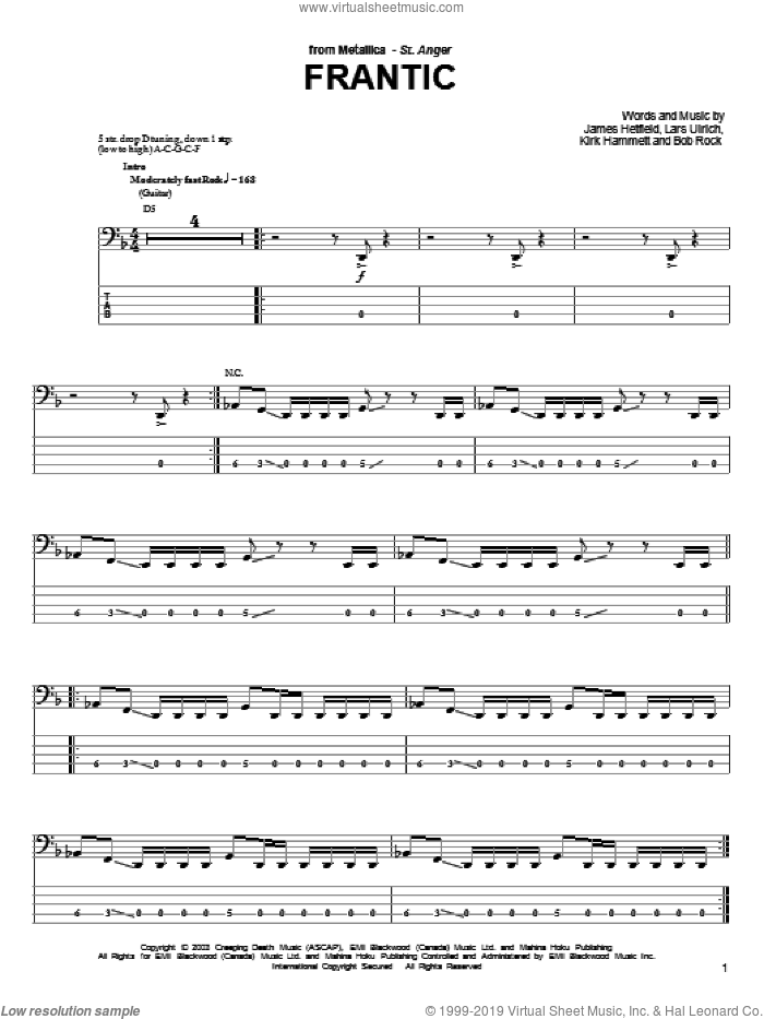 Frantic sheet music for bass (tablature) (bass guitar) by Metallica, James Hetfield, Kirk Hammett and Lars Ulrich, intermediate skill level
