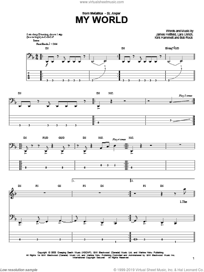 My World sheet music for bass (tablature) (bass guitar) by Metallica, James Hetfield, Kirk Hammett and Lars Ulrich, intermediate skill level