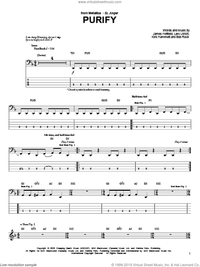 Purify sheet music for bass (tablature) (bass guitar) by Metallica, James Hetfield, Kirk Hammett and Lars Ulrich, intermediate skill level