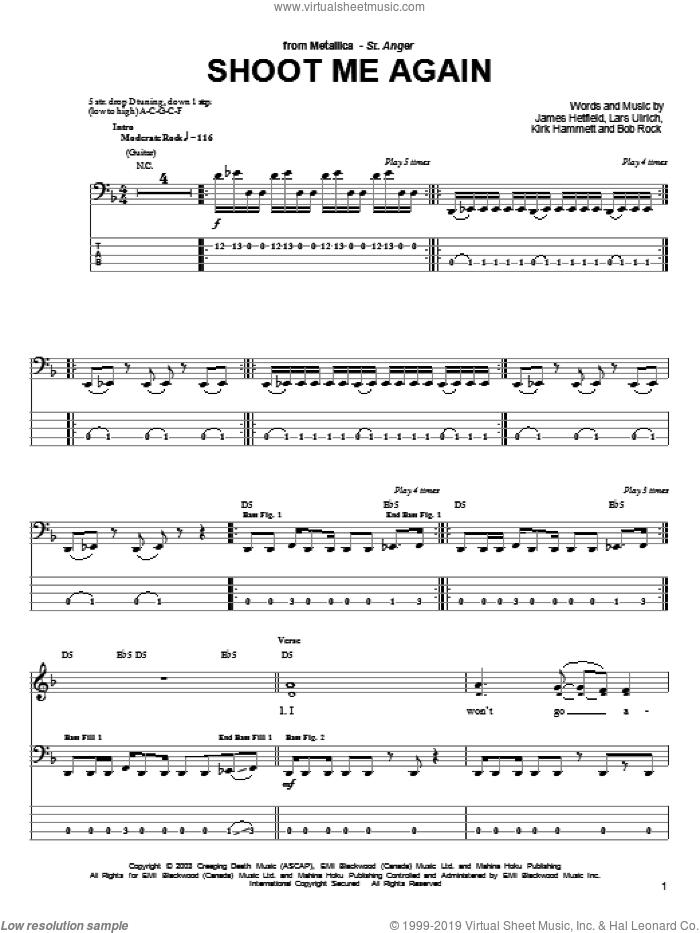 Shoot Me Again sheet music for bass (tablature) (bass guitar) by Metallica, James Hetfield, Kirk Hammett and Lars Ulrich, intermediate skill level