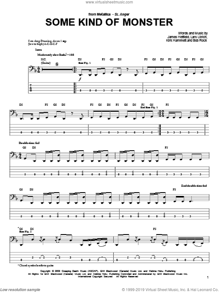 Some Kind Of Monster sheet music for bass (tablature) (bass guitar) by Metallica, James Hetfield, Kirk Hammett and Lars Ulrich, intermediate skill level