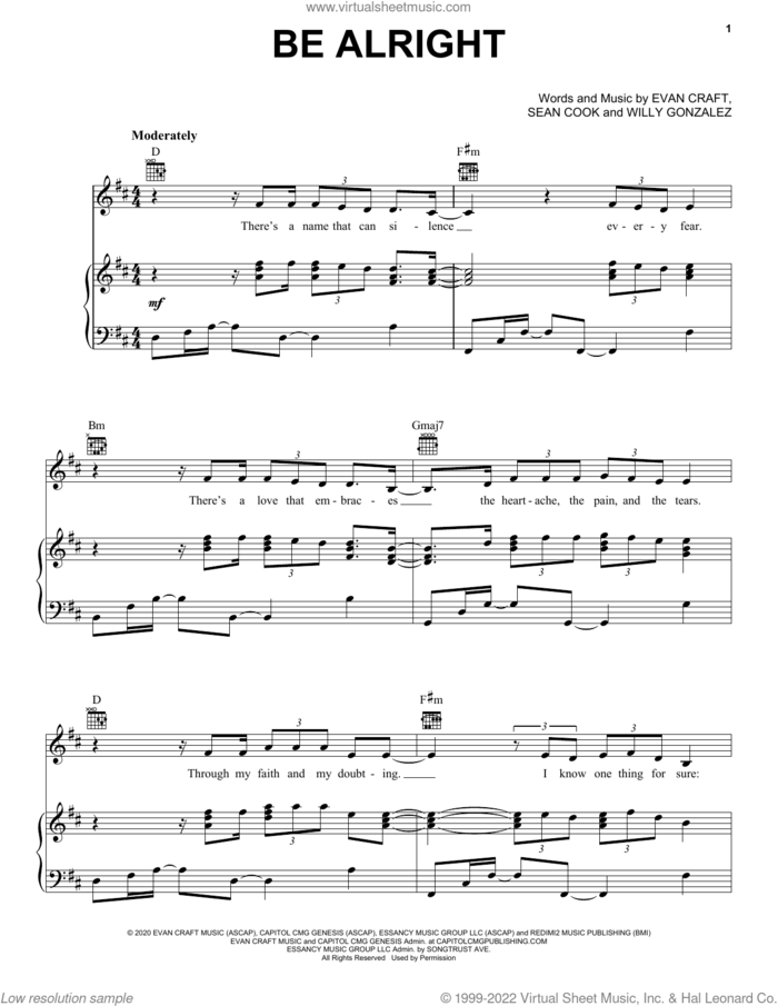 Be Alright sheet music for voice, piano or guitar by Evan Craft, Danny Gokey & Redimi2, Evan Craft, Sean Cook and Willy Gonzalez, intermediate skill level