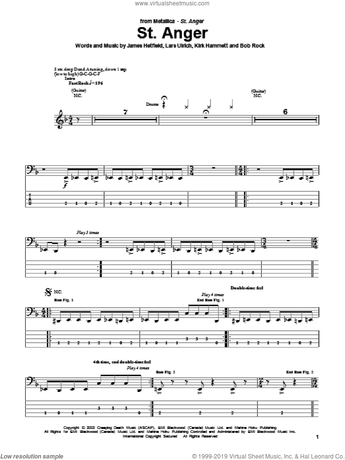 St. Anger sheet music for bass (tablature) (bass guitar) by Metallica, James Hetfield, Kirk Hammett and Lars Ulrich, intermediate skill level