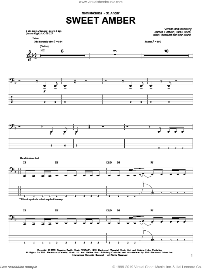 Sweet Amber sheet music for bass (tablature) (bass guitar) by Metallica, James Hetfield, Kirk Hammett and Lars Ulrich, intermediate skill level