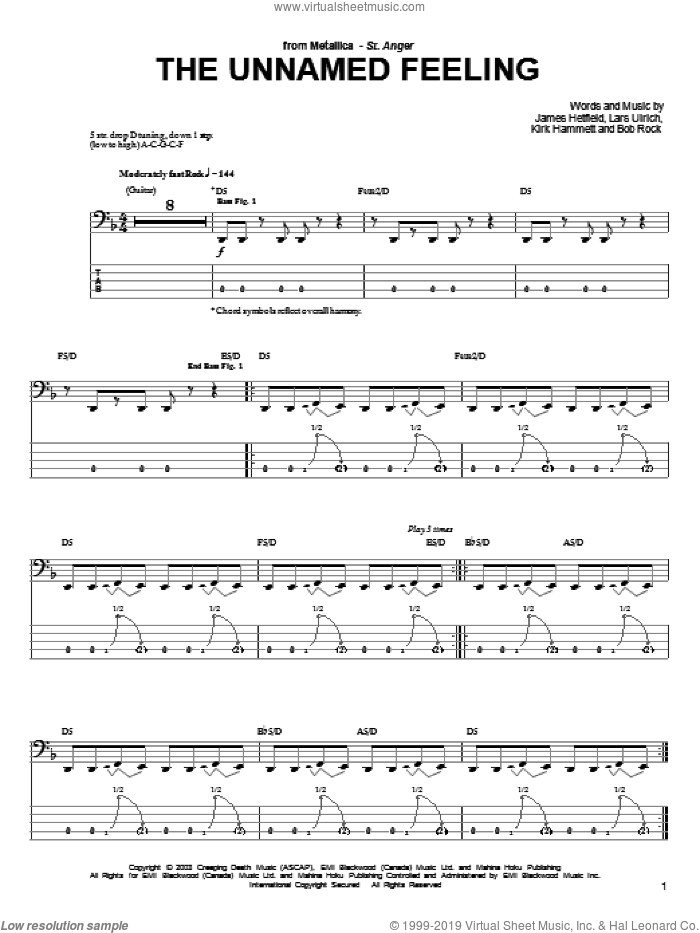 The Unnamed Feeling sheet music for bass (tablature) (bass guitar) by Metallica, James Hetfield, Kirk Hammett and Lars Ulrich, intermediate skill level