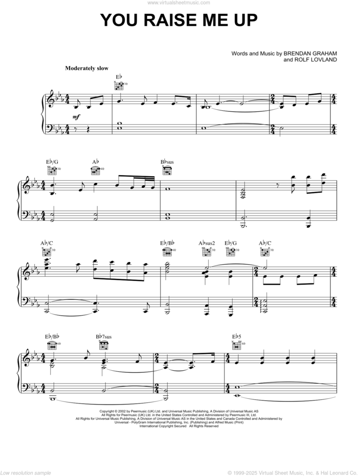 You Raise Me Up sheet music for voice, piano or guitar by Josh Groban, Secret Garden, Brendan Graham and Rolf Lovland, wedding score, intermediate skill level