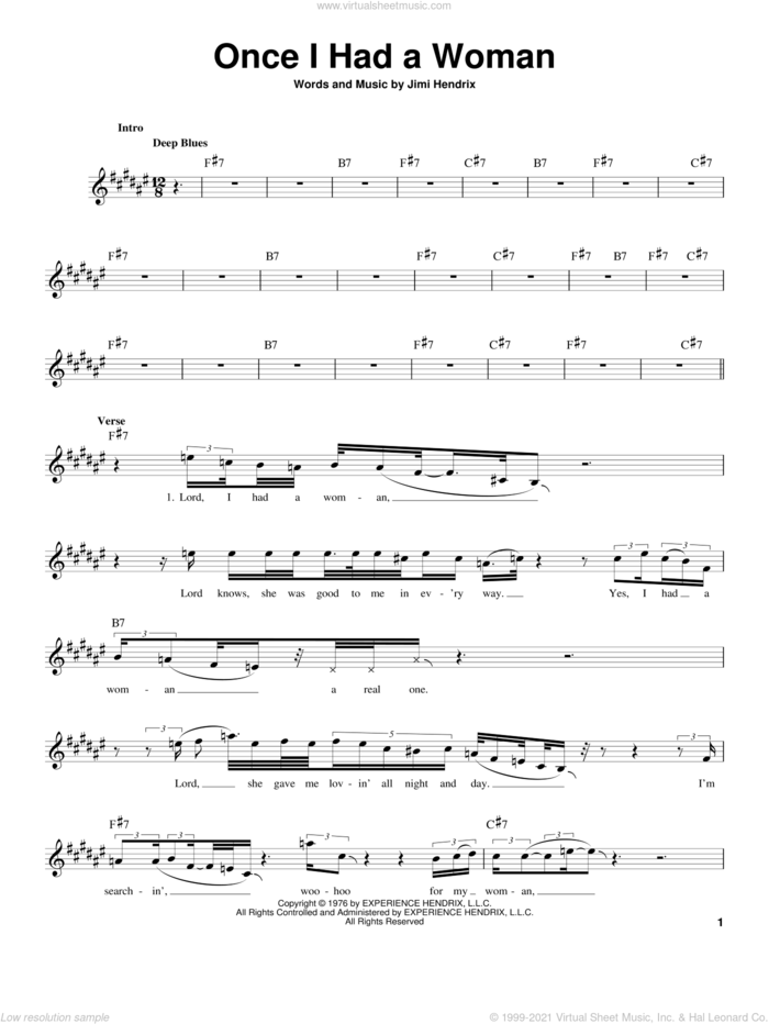 Once I Had A Woman sheet music for guitar solo (chords) by Jimi Hendrix, easy guitar (chords)