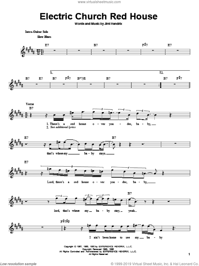 Electric Church Red House sheet music for guitar solo (chords) by Jimi Hendrix, easy guitar (chords)