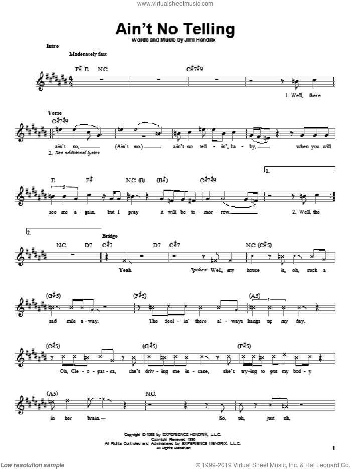 Ain't No Telling sheet music for guitar solo (chords) by Jimi Hendrix, easy guitar (chords)