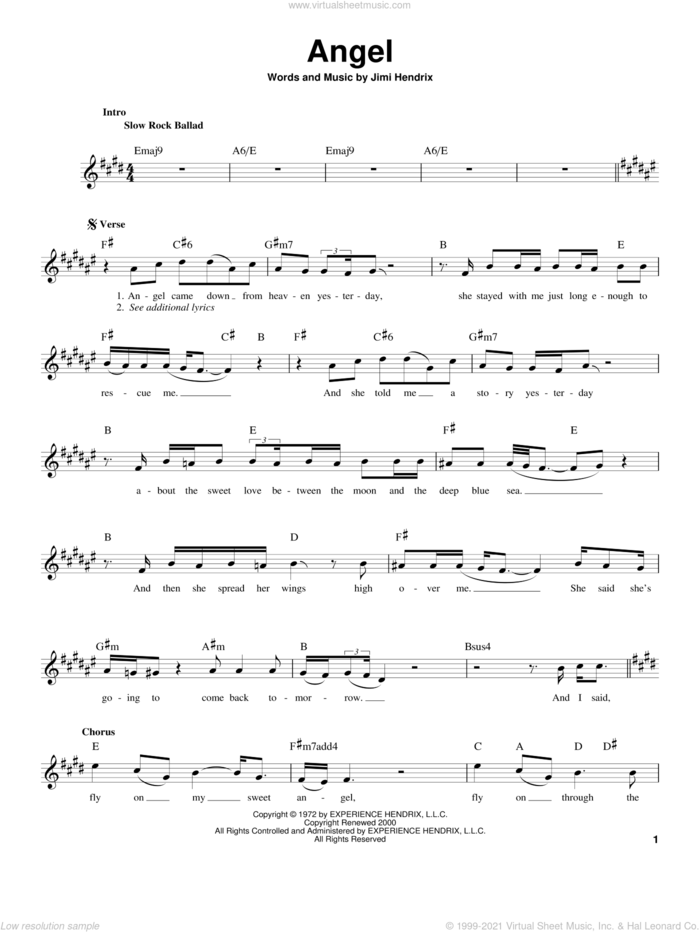 Angel sheet music for guitar solo (chords) by Jimi Hendrix, easy guitar (chords)