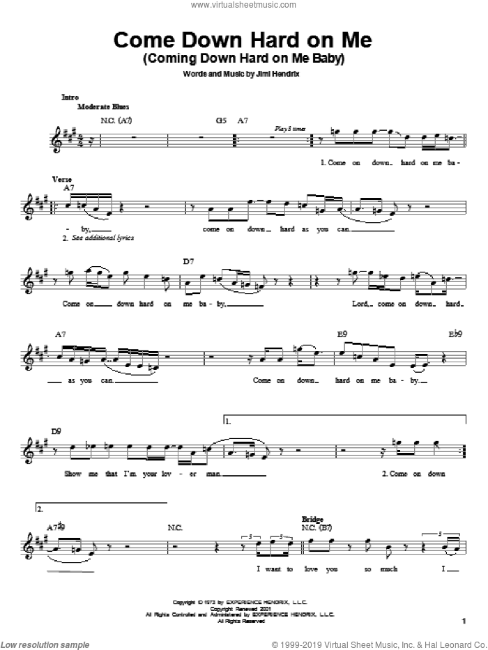Come Down Hard On Me (Coming Down Hard On Me Baby) sheet music for guitar solo (chords) by Jimi Hendrix, easy guitar (chords)