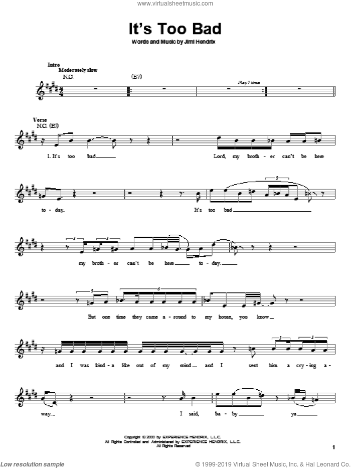 It's Too Bad sheet music for guitar solo (chords) by Jimi Hendrix, easy guitar (chords)