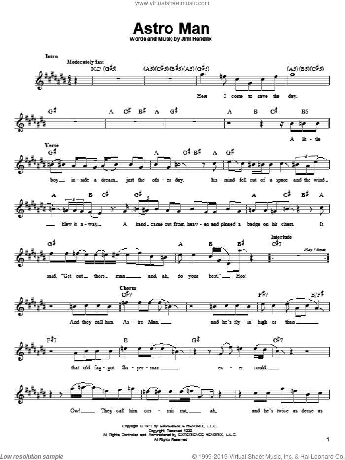 Astro Man sheet music for guitar solo (chords) by Jimi Hendrix, easy guitar (chords)