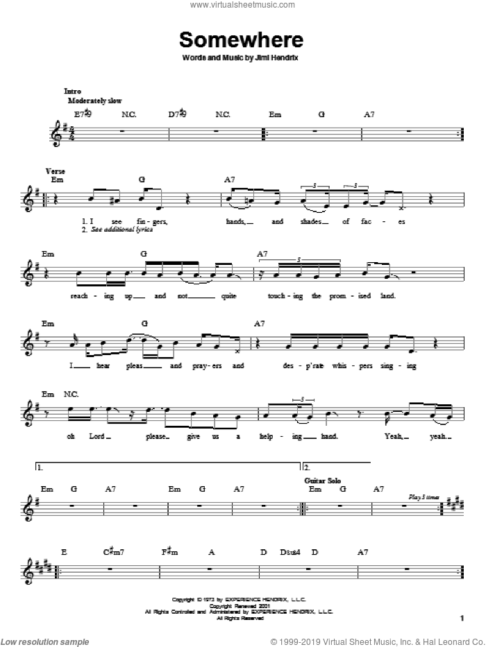 Somewhere sheet music for guitar solo (chords) by Jimi Hendrix, easy guitar (chords)