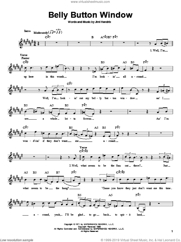 Belly Button Window sheet music for guitar solo (chords) by Jimi Hendrix, easy guitar (chords)