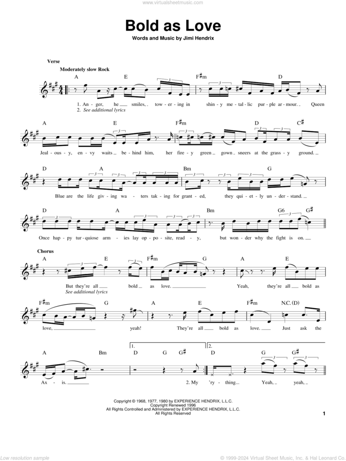 Bold As Love sheet music for guitar solo (chords) by Jimi Hendrix, easy guitar (chords)