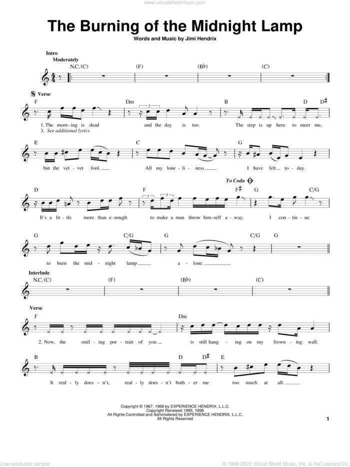 The Burning Of The Midnight Lamp sheet music for guitar solo (chords) by Jimi Hendrix, easy guitar (chords)