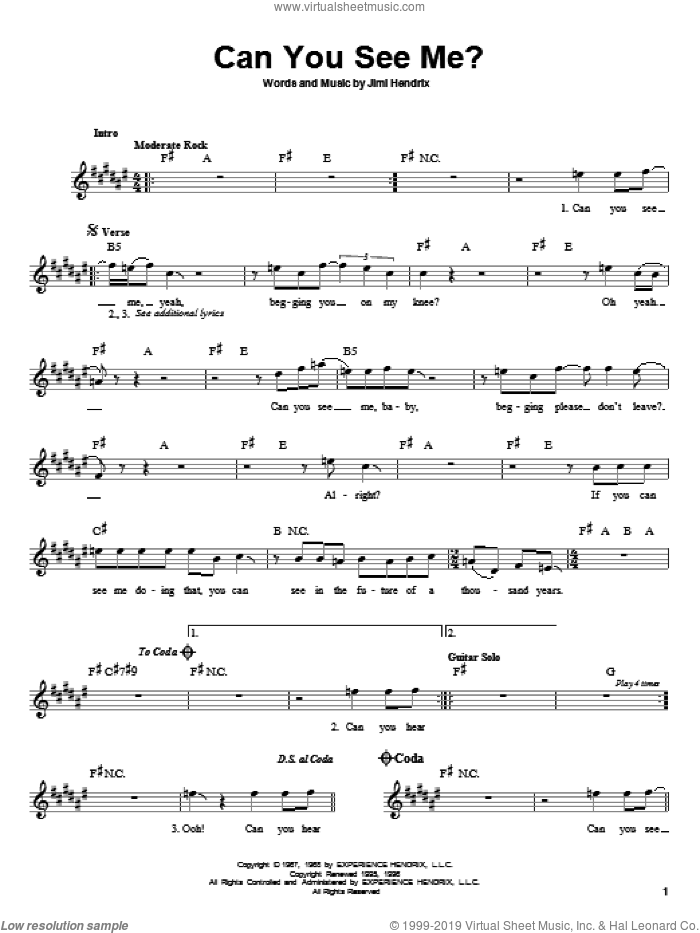 Can You See Me? sheet music for guitar solo (chords) by Jimi Hendrix, easy guitar (chords)