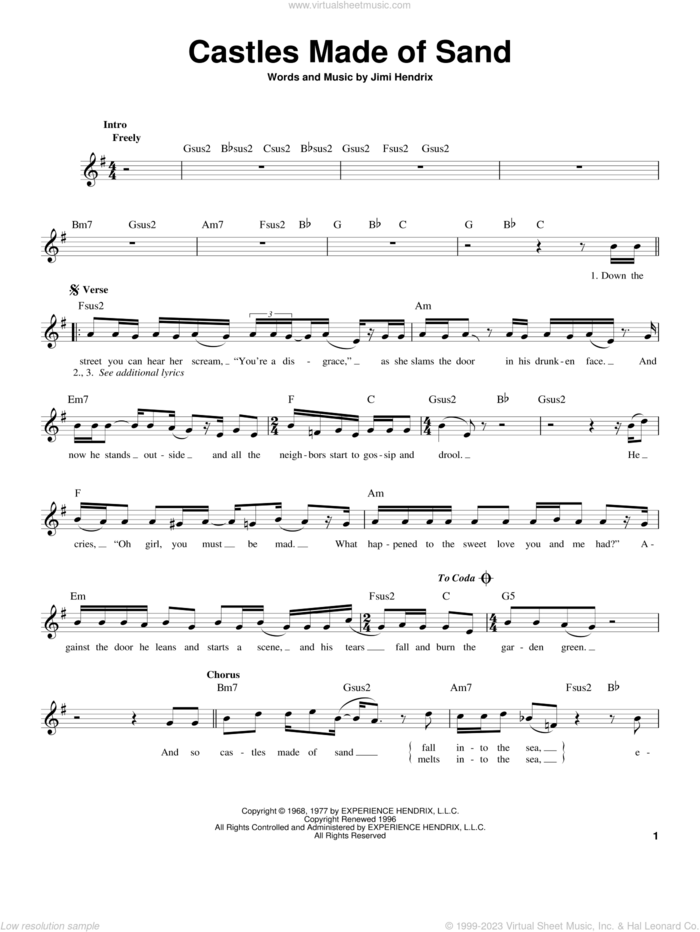 Castles Made Of Sand sheet music for guitar solo (chords) by Jimi Hendrix, easy guitar (chords)