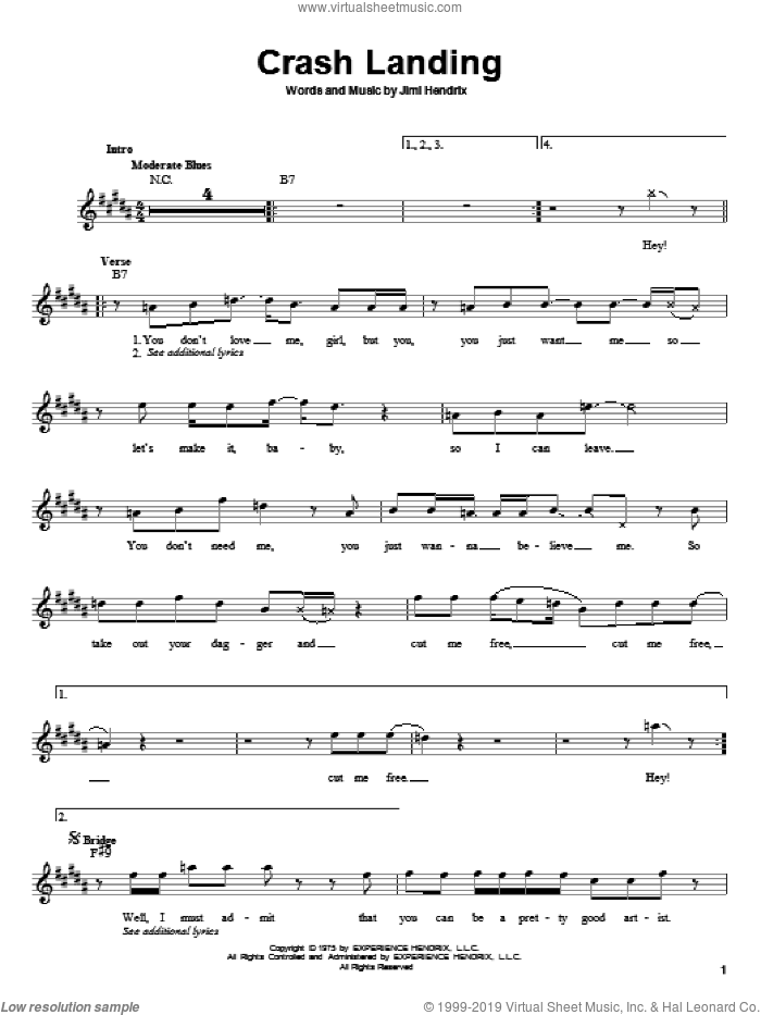 Crash Landing sheet music for guitar solo (chords) by Jimi Hendrix, easy guitar (chords)