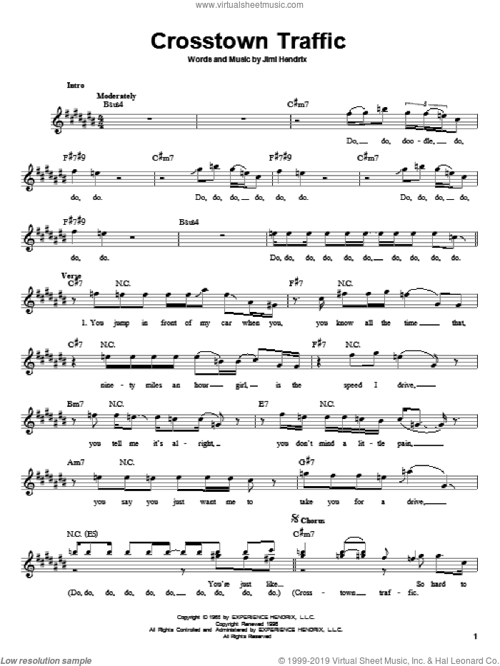 Crosstown Traffic sheet music for guitar solo (chords) by Jimi Hendrix, easy guitar (chords)