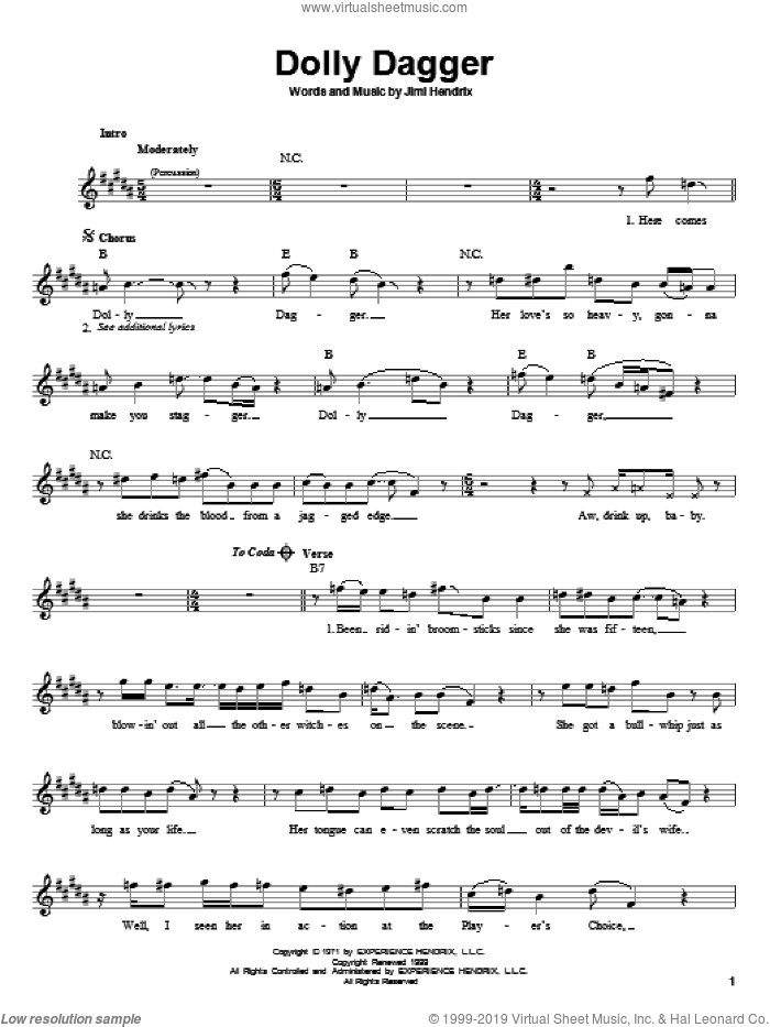 Dolly Dagger sheet music for guitar solo (chords) by Jimi Hendrix, easy guitar (chords)