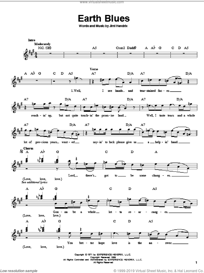 Earth Blues sheet music for guitar solo (chords) by Jimi Hendrix, easy guitar (chords)