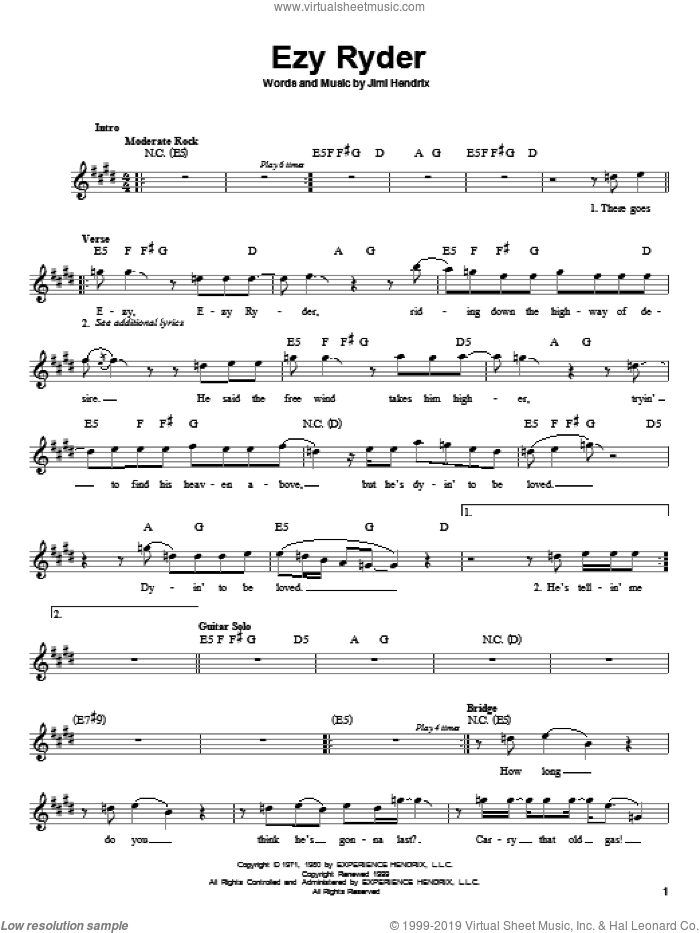 EZY Ryder sheet music for guitar solo (chords) by Jimi Hendrix, easy guitar (chords)