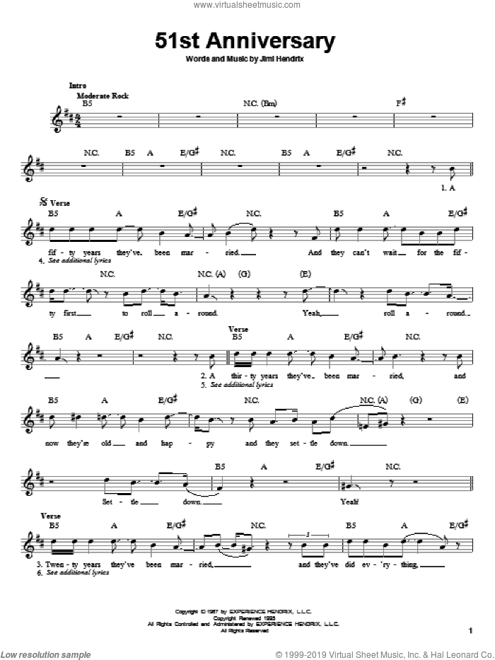 51st Anniversary sheet music for guitar solo (chords) by Jimi Hendrix, easy guitar (chords)
