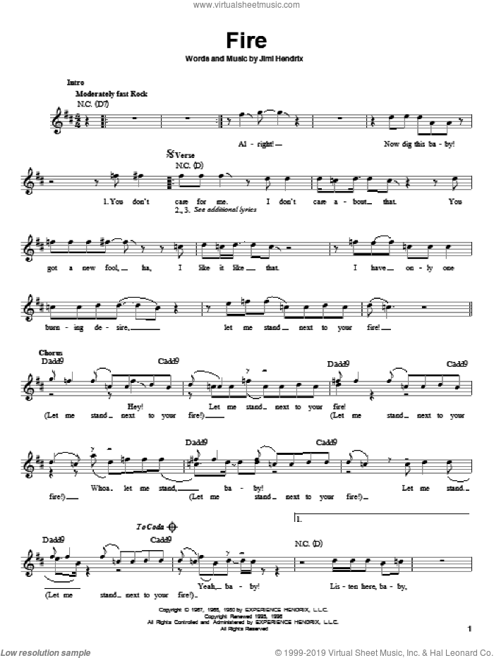Fire sheet music for guitar solo (chords) by Jimi Hendrix and Red Hot Chili Peppers, easy guitar (chords)