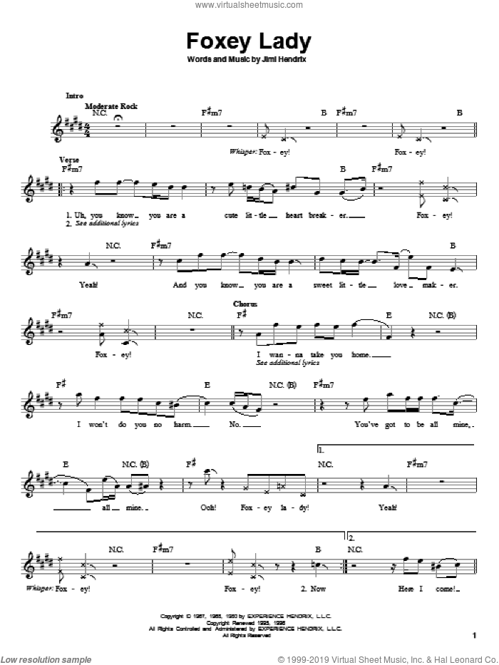 Foxey Lady sheet music for guitar solo (chords) by Jimi Hendrix, easy guitar (chords)