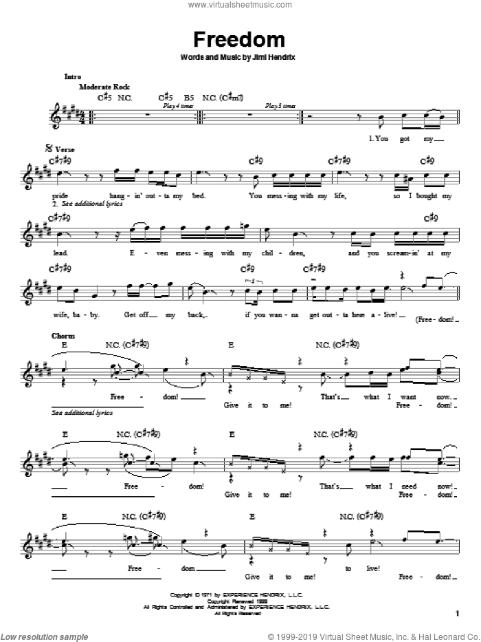 Freedom sheet music for guitar solo (chords) by Jimi Hendrix, easy guitar (chords)