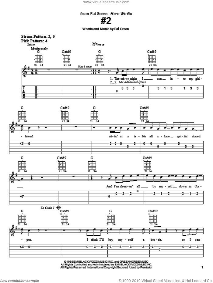 #2 sheet music for guitar solo (easy tablature) by Pat Green, easy guitar (easy tablature)