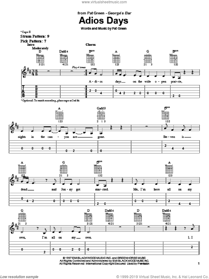 Adios Days sheet music for guitar solo (easy tablature) by Pat Green, easy guitar (easy tablature)
