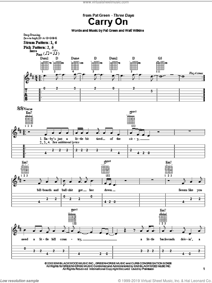 Carry On sheet music for guitar solo (easy tablature) by Pat Green and Walt Wilkins, easy guitar (easy tablature)