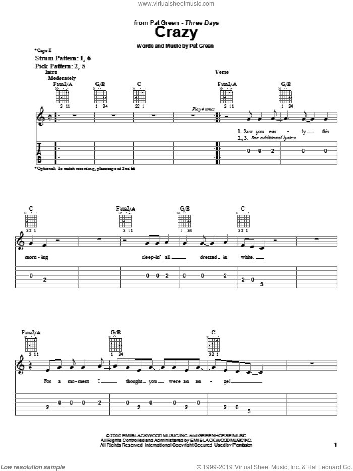 Crazy sheet music for guitar solo (easy tablature) by Pat Green, easy guitar (easy tablature)