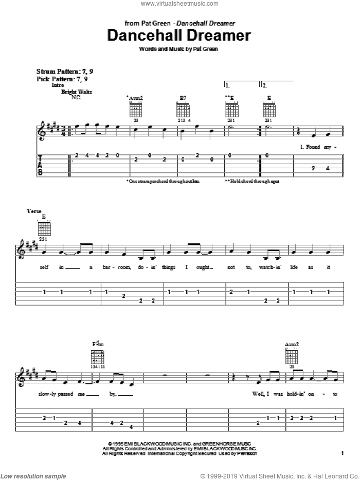 Dancehall Dreamer sheet music for guitar solo (easy tablature) by Pat Green, easy guitar (easy tablature)