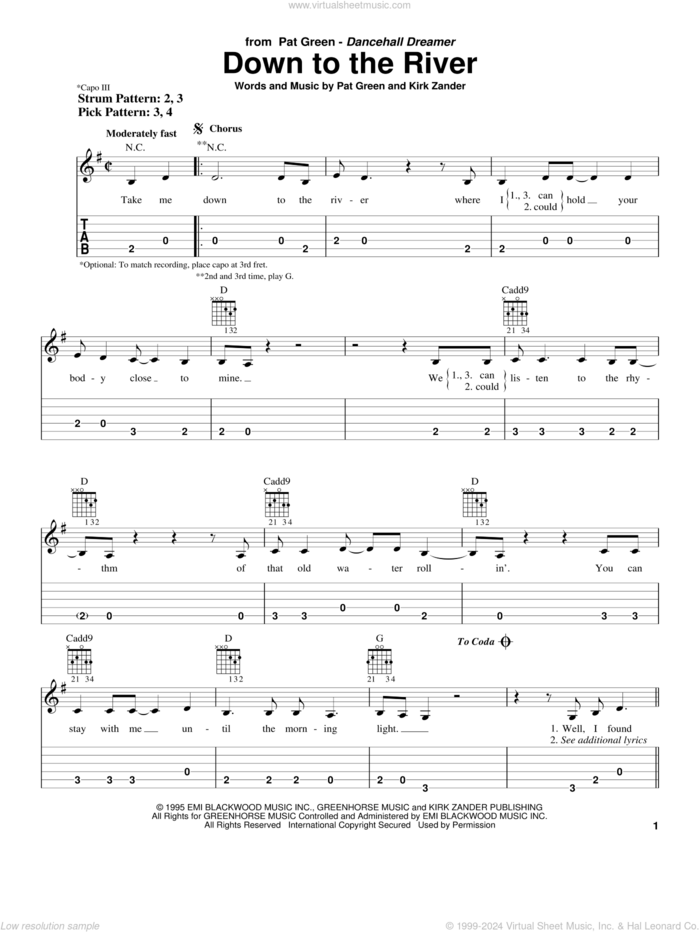 Down To The River sheet music for guitar solo (easy tablature) by Pat Green and Kirk Zander, easy guitar (easy tablature)